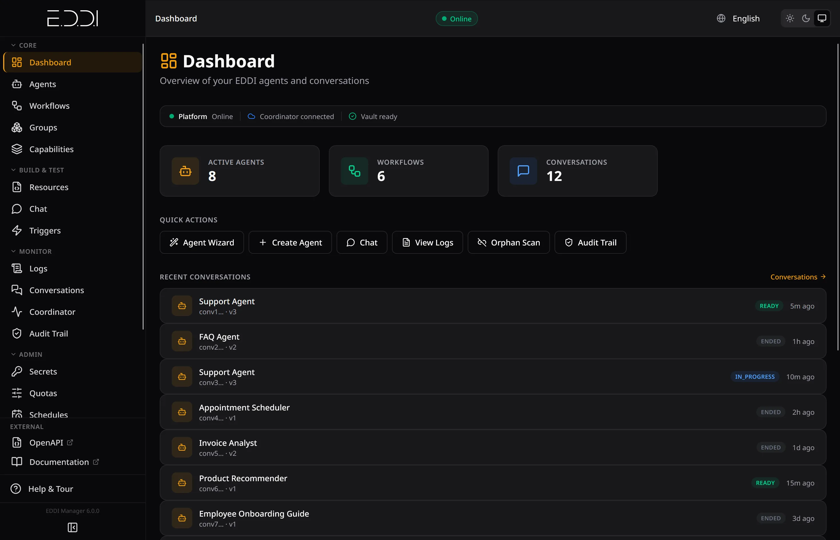 The dashboard: platform status, agents and recent conversations at a glance
